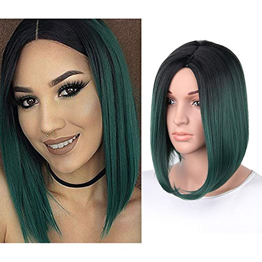 BARSDAR 14" Girl’s Short Bob Hair Wigs Straight Synthetic Dark Roots Ombre Colorful Halloween Cosplay Daily Party Wig for Women Natural Looking Heat Resistant As Real Hair with Free Wig Cap-Black to D